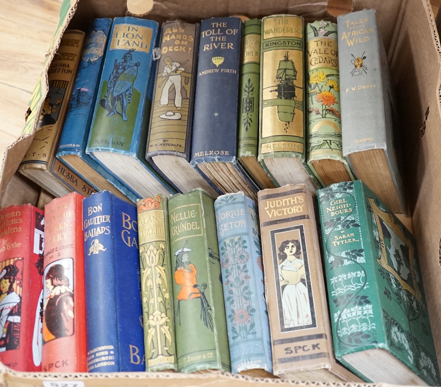 Old Children's books - mostly late 19th century and early 20th century; most with illus. and coloured pictorial cloth bindings; include F.W. Dodds - Tales of the African Wild (1914); Thos. Cobb - The Boy Tramp (1906); He